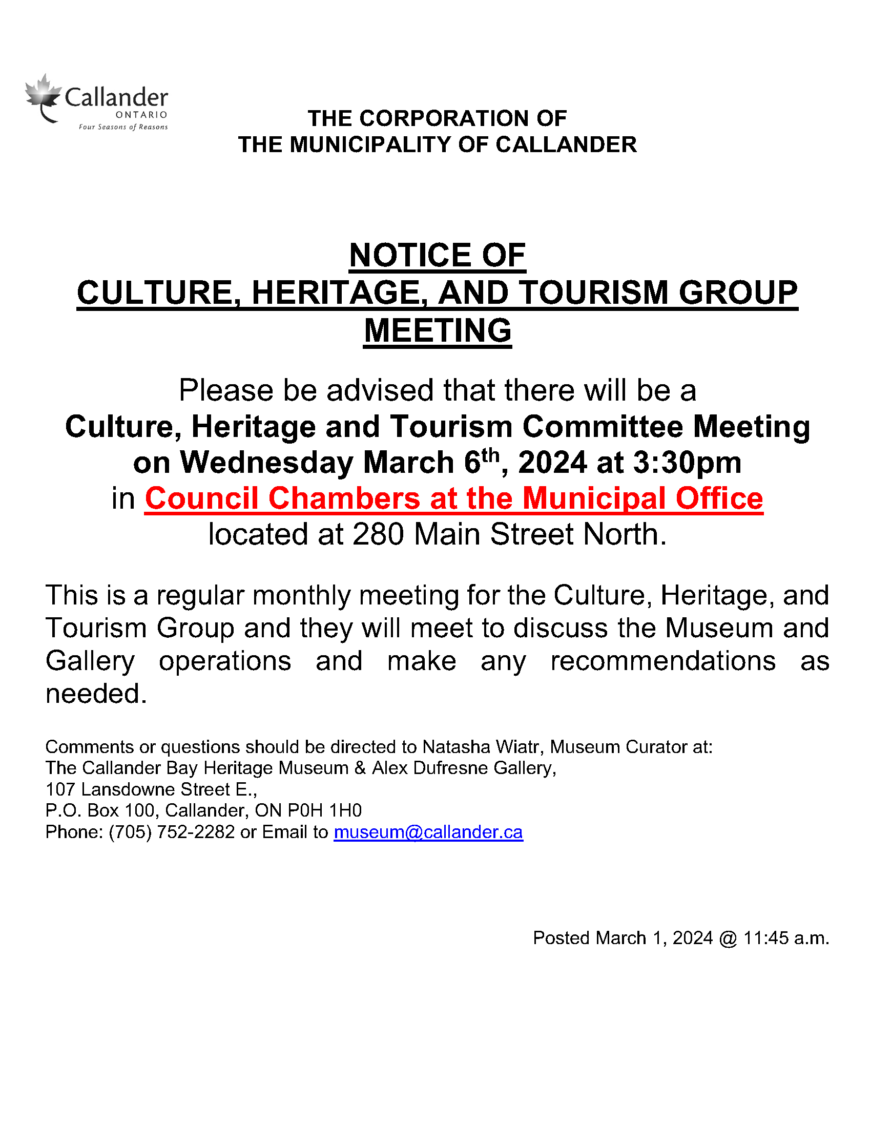 NOTICE OF CULTURE, HERITAGE, AND TOURISM GROUP MEETING